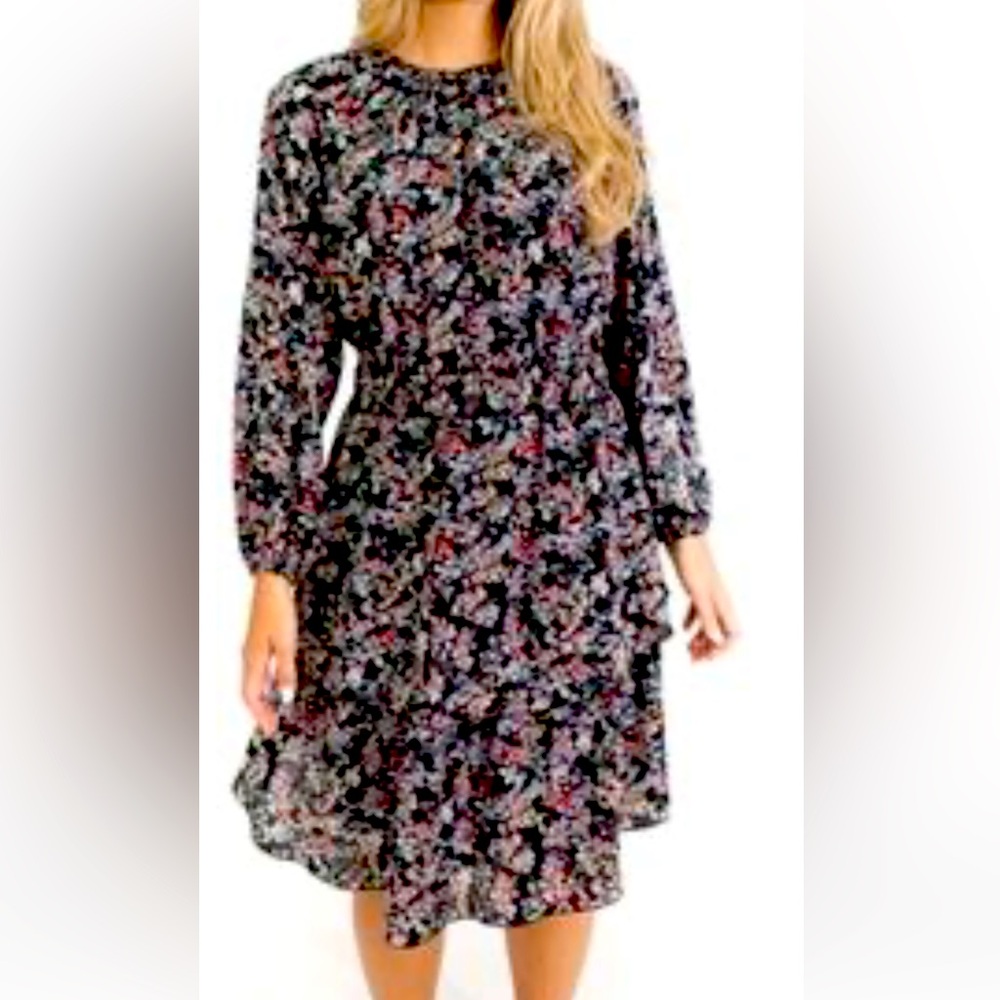 Floral Tiered Long Sleeve Dress - Black Pink